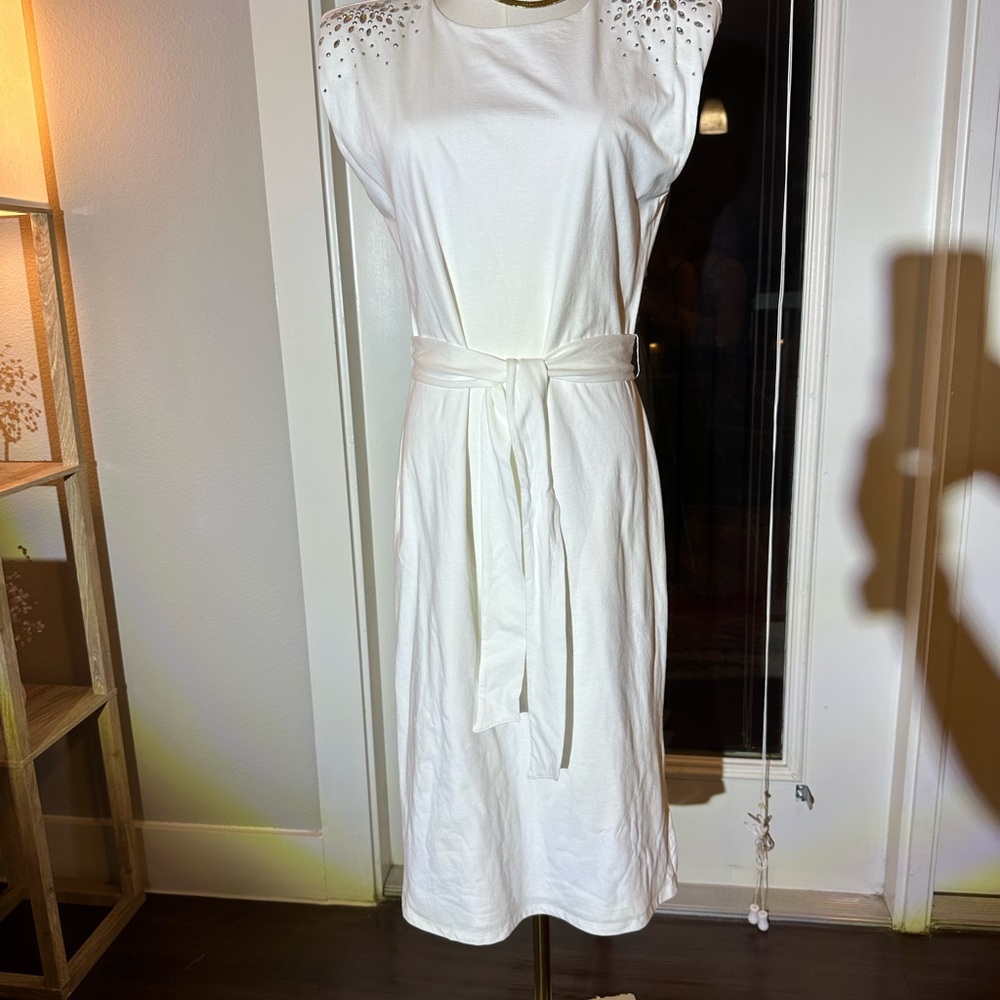 White Sleeveless Dress with Studded Shoulders